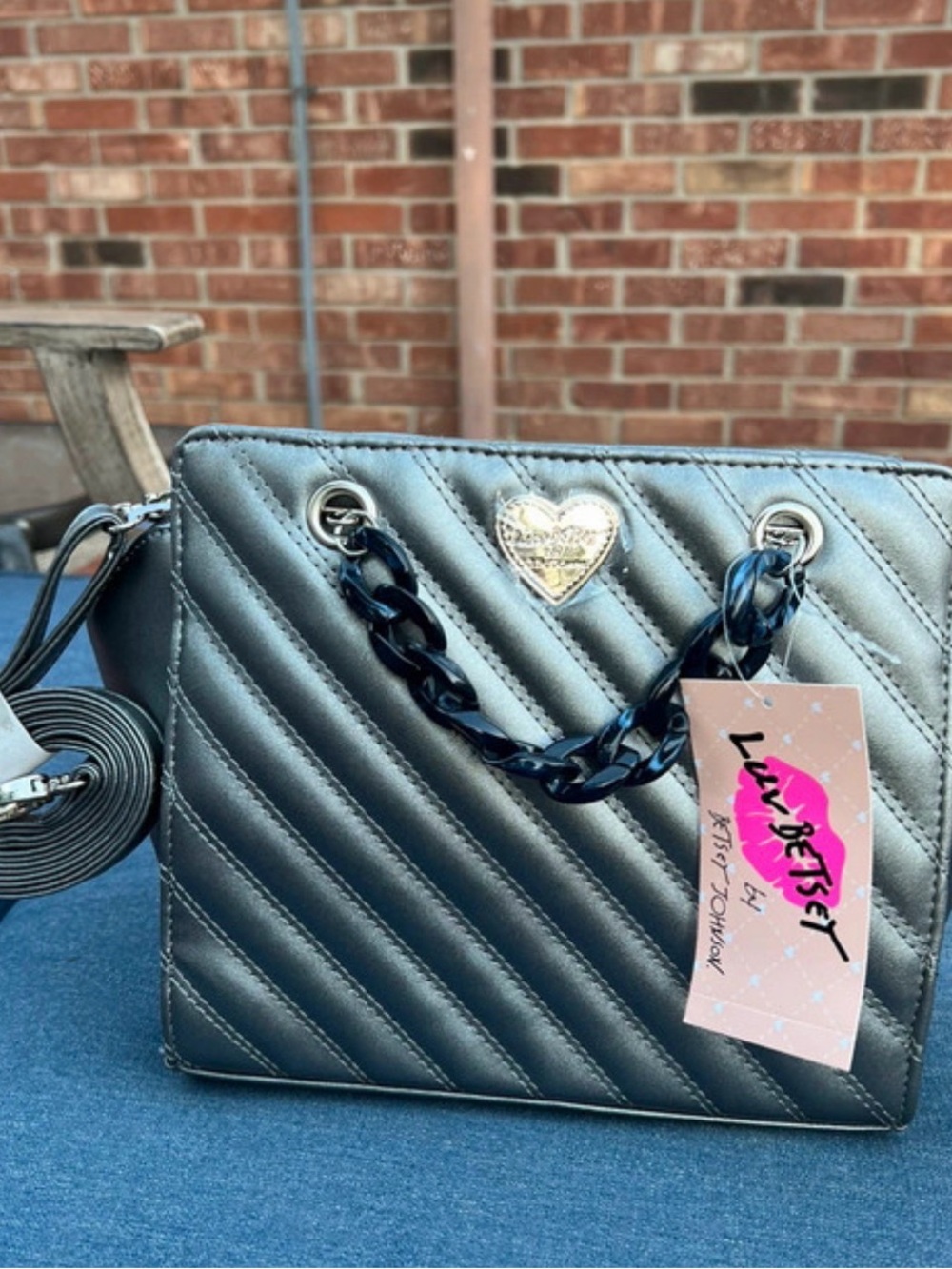 Betsey Johnson Metallic Silver Quilted Shoulder Bag with Heart Plaque